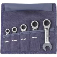 Juego de 5 llaves combinadas pequeñas con matraca, modelo corto, incl. funda enrollable