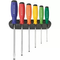 Juego de 6 desarmadores planos con mango SwissGrip, tamaños 3.5 a 10 mm, con soporte plástico para pared mod. 8240.RB - Últimas piezas, no resurtible