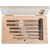 Juego de 6 desarmadores planos metálicos de relojero, con estuche de madera