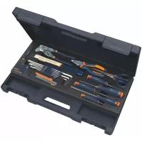 Juego de 20 herramientas: 1 cinta métrica, juego de 9 llaves Allen hexagonales, 5 desarmadores planos, 1 pinza universal, 1 martillo, 1 tijera, 1 pinza de extensión y 1 cúter
