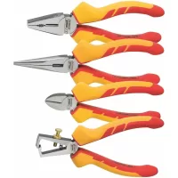 Juego de 4 pinzas aisladas: pinza de electricista, pinza punta larga y corte, pinza de corte diagonal y pinza pelacables, certificadas mango recubierto