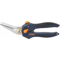 Tijeras de acero inoxidable acodadas, apertura ajustable, dentado fino 1 cara, con corta alambres y mango recubierto 205 mm