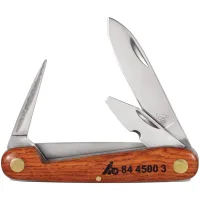 Navaja pelacables abatible con mango de madera, cuchilla cortante, destornillador y escariador