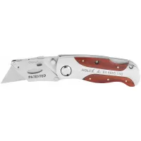Cúter con cuchilla plegable, clip para cinturón y mango de madera, largo 150 mm