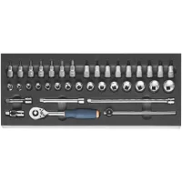 Autoclé 37 piezas, dados torx, allen, de punta, matraca 3/8, extensión, cardán y mango transversal con espuma organizadora