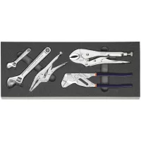 Juego de 5 pinzas: Pinza de presión, llave de extensión, pinza de presión nariz larga y 2 llaves ajustables (perico o inglesa), incluye espuma 30 mm