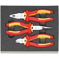 Juedo de 3 pinzas aisladas VDE: 1 universal de electricista, 1 punta larga, 1 corte diagonal incl. espuma rígida
