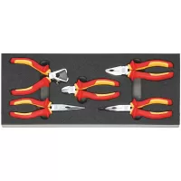 Juego de 5 pinzas: punta, pelacables, diagonal, mecánico y punta acodada, con espuma organizadora 20x50