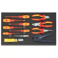 Juego de 12 herramientas para electricista, aisladas, desarmadores, pinzas, pelacables y probador voltaje con espuma organizadora 30x50
