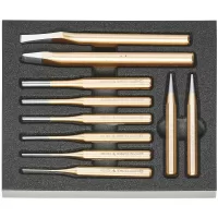 Juego de 10 cinceles, punzones guía de centrar, y botador extractor de pasador, incl. espuma